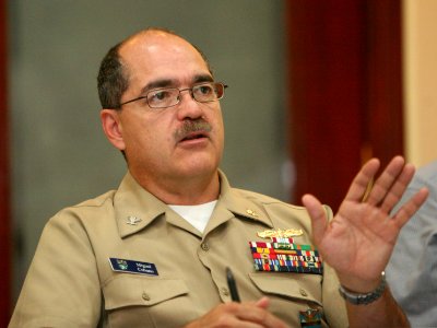 US Navy 090916-N-4936C-001 U.S. Navy Capt. Miguel A. Cubano, command surgeon for U.S. Southern Command, speaks during a pandemic influenza table-top exercise in Panama City