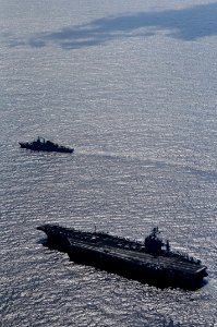 US Navy 090917-N-8907D-170 he aircraft carrier USS Harry S. Truman (CVN 75) and the Brazilian frigate BNS Liberal (F 43) transits in formation during a group sail photo