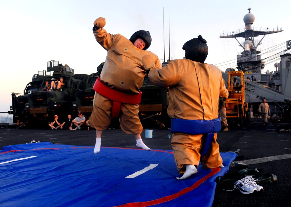 US Navy 090919-N-5345W-088 Ship's Chaplain Lt. Stephen Warne sumo wrestles with Boatswain's Mate 2nd Class Austen Gant during a steel beach picnic aboard the amphibious dock landing ship USS Fort McHenry (LSD 43)