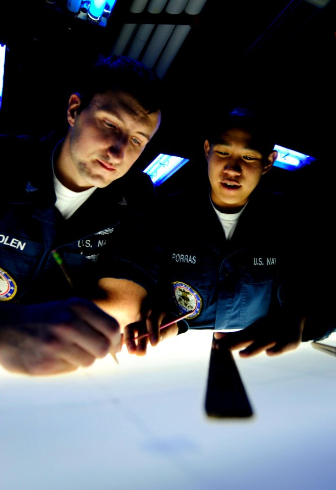 US Navy 090922-N-9928E-155 Operations Specialist 2nd Class Daniel Bolen, left, from Wichita Falls, Kan.,