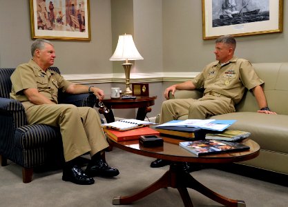 US Navy 090923-N-8273J-007 Adm. Gary Roughead, CNO meets with MCPON Rick West to talk about the recent visit to the U.S. Central Command area of responsibility