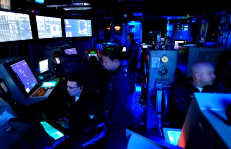 US Navy 090919-N-9928E-031 Sailors man their watch stations in the air traffic control center during flight operations
