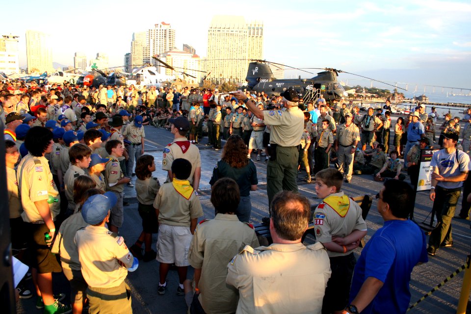US Navy 090926-N-5366K-006 Nearly 800 boy scouts and scoutmasters gather on the flight deck of the USS Midway Museum to celebrate the 100th anniversary of the Boy Scouts of America