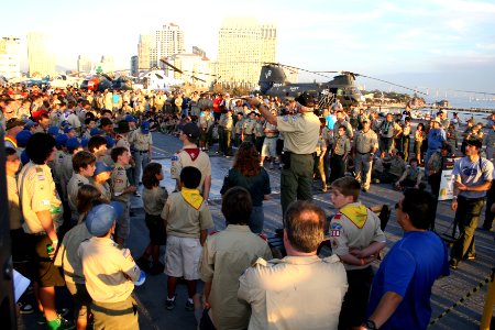 US Navy 090926-N-5366K-006 Nearly 800 boy scouts and scoutmasters gather on the flight deck of the USS Midway Museum to celebrate the 100th anniversary of the Boy Scouts of America