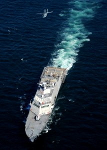 US Navy 090928-N-7241L-245 The littoral combat ship USS Freedom (LCS 1) conducts flight deck certification with an MH-60S Sea Hawk helicopter assigned to the Sea Knights of Helicopter Sea Combat Squadron (HSC) 22