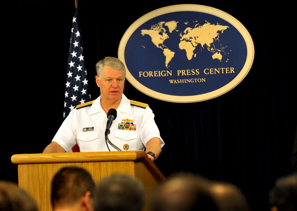 US Navy 090930-N-8273J-005 Chief of Naval Operations (CNO) Adm. Gary Roughead delivers remarks and answers questions from media about the upcoming 19th Biennial International Seapower Symposium