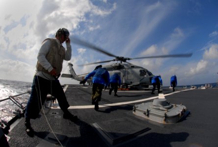 US Navy 090930-N-1688B-096 Sailors aboard the guided-missile destroyer USS Cole (DDG 67) use chocks and chains to secure an SH-60 Sea Hawk helicopter