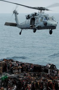 US Navy 091001-N-3038W-233 An MH-60S Sea Hawk helicopter assigned to the Wildcards of Helicopter Sea Combat Squadron (HCS) 23 prepares to lift cargo from the USNS Bridge (T-AOE 10) to the flight deck of the USS Nimitz (CVN 68)
