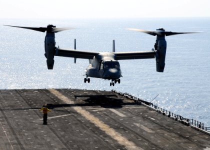 US Navy 091002-N-3165S-321 An MV-22B Osprey assigned to Marine Medium Tiltrotor Squadron (VMM) 263 (Reinforced) lands aboard USS Bataan (LHD 5) photo