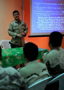 US Navy 090930-N-7088A-023 Navy Diver 1st Class Joe Davis, assigned to Mobile Diving and Salvage Unit (MDSU) 1, teaches a class on diving related casualty care to Iraqi navy members at the Iraqi navy school