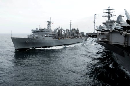 US Navy 091001-N-3038W-293 The military sealift command fast combat support ship USNS Bridge (T-AOE 10) is underway alongside the aircraft carrier USS Nimitz (CVN 68) during a replenishment at sea