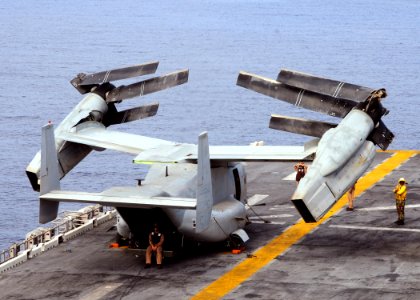US Navy 091002-N-3165S-193 Sailors aboard the multi-purpose amphibious assault ship USS Bataan (LHD 5) and embarked Marines from the 22nd Marine Expeditionary Unit (22nd MEU), position the rotors of an MV-22B Osprey