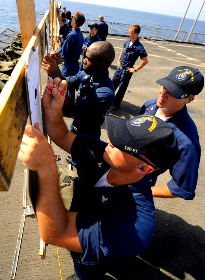 US Navy 090930-N-5345W-074 Firing line coaches grade their shooters' scores during an M-16-M-4 weapons qualifications on the flight deck of the amphibious dock landing ship USS Fort McHenry (LSD 43)
