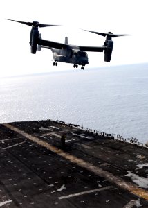 US Navy 091002-N-3165S-013 An MV-22B Osprey assigned to Marine Medium Tiltrotor Squadron (VMM) 263 (Reinforced), takes off from the flight deck of the multi-purpose amphibious assault ship USS Bataan (LHD 5) during routine flig photo