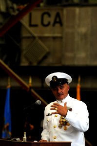 US Navy 091002-N-9818V-450 Naval Surface Force Atlantic Force Master Chief Petty Officer Jerry Haueter delivers his remarks during his retirement ceremony