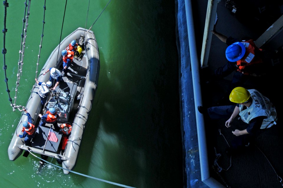 US Navy 091008-N-4275C-143 Sailors direct the port boat crew during a training launch of a rigid-hull inflatable boat aboard the aircraft carrier USS Carl Vinson (CVN 70)