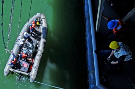 US Navy 091008-N-4275C-143 Sailors direct the port boat crew during a training launch of a rigid-hull inflatable boat aboard the aircraft carrier USS Carl Vinson (CVN 70)