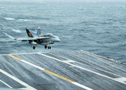 US Navy 091006-N-7191M-069 An F-A-18C Hornet from the Golden Dragons of Strike Fighter Squadron (VFA) 192 lands aboard the aircraft carrier USS George Washington (CVN 73)