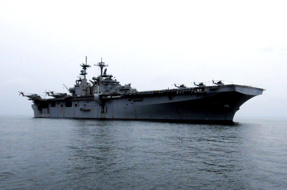 US Navy 091005-N-0890S-057 The multi-purpose amphibious assault ship USS Wasp (LHD 1) is anchored during well deck operations off the coast of North Carolina