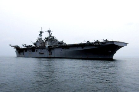 US Navy 091005-N-0890S-057 The multi-purpose amphibious assault ship USS Wasp (LHD 1) is anchored during well deck operations off the coast of North Carolina