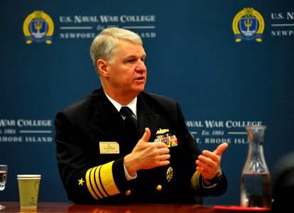 US Navy 091007-N-8273J-106 Chief of Naval Operations (CNO) Adm. Gary Roughead is interviewed during a press conference at the 19th Biennial International Sea Power Symposium