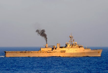US Navy 091008-N-5345W-163 The amphibious transport dock USS Ponce (LPD 15) transits through the Mediterranean Sea after completing a replenishment at sea