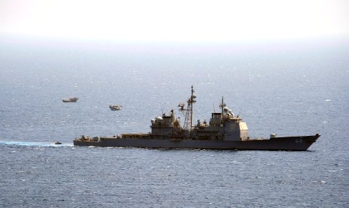 US Navy 091008-N-9500T-188 USS Anzio (CG 68) deploys its Visit Board Search and Seizure (VBSS) team to conduct boarding operations on suspected pirate vessels in the Gulf of Aden