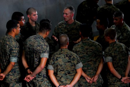 US Navy 091007-N-0807W-332 Brig Gen. Mark A. Brilakis, commanding general of the 3rd Marine Expeditionary Brigade, visits with embarked Marines aboard the amphibious dock landing ship USS Harpers Ferry (LSD 49)