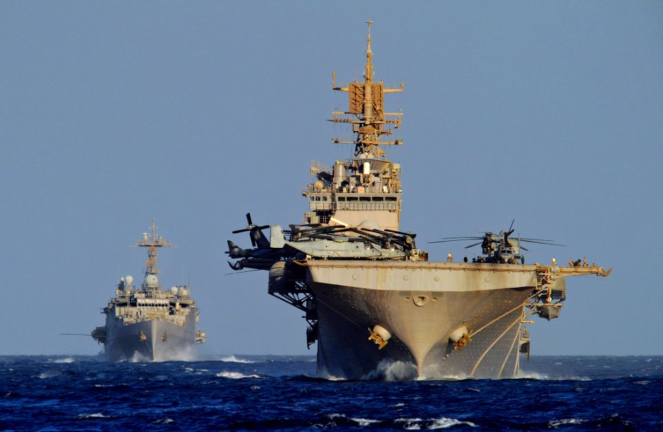 US Navy 091006-N-5345W-020 he amphibious assault ship USS Bataan (LHD 5) transits through the Red Sea with the amphibious transport dock USS Ponce (LPD 15)