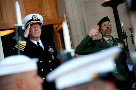 US Navy 091008-N-0696M-026 U.S. Navy Admiral Mike Mullen, chairman of the Joint Chiefs of Staff welcomes Lt. Gen. Hamad Mohammed to the Pentagon