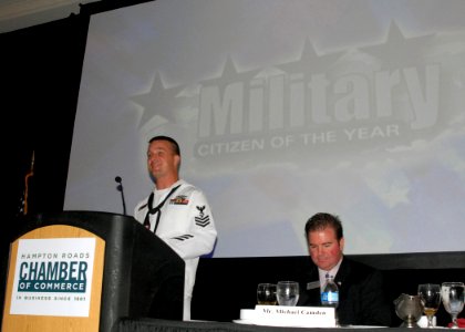US Navy 091007-N-6676S-050 Machinist's Mate 1st Class Rodney Busedelivers an acceptance speech after being awarded the 58th Annual Samuel T. Northern Military Citizen of the Year (MCOY) award