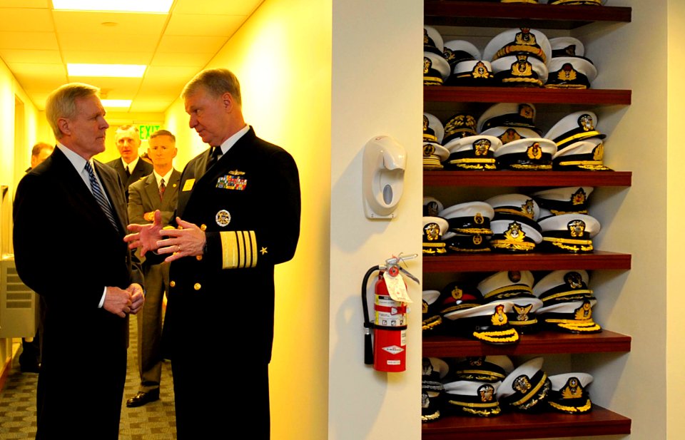 US Navy 091007-N-8273J-098 Secretary of the Navy (SECNAV) the Honorable Ray Mabus, left, speaks with Chief of Naval Operations (CNO) Adm. Gary Roughead during the 19th Biennial International Sea Power Symposium
