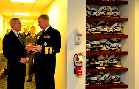 US Navy 091007-N-8273J-098 Secretary of the Navy (SECNAV) the Honorable Ray Mabus, left, speaks with Chief of Naval Operations (CNO) Adm. Gary Roughead during the 19th Biennial International Sea Power Symposium