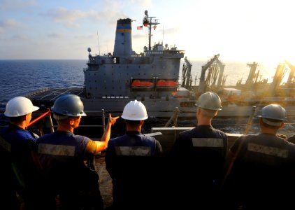 US Navy 091008-N-5345W-175 Sailors assigned to the phone and distance line detail wait on the bridge deck of the amphibious dock landing ship USS Fort McHenry (LSD 43) as the Military Sealift Command fleet replenishment oiler U