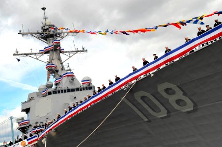 US Navy 091010-N-8273J-169 Crew members man-the-rails during the commissioning ceremony of the Arleigh Burke class guided-missile destroyer USS Wayne E. Meyer (DDG 108) at Penn's Landing in Philadelphia