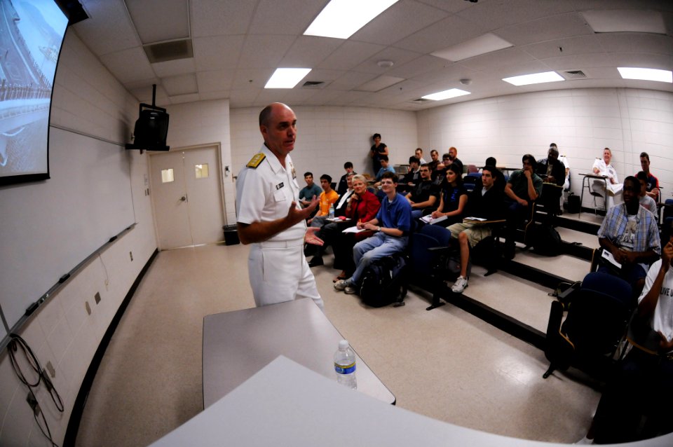 US Navy 091009-N-6220J-010 Rear Adm. Bill Goodwin, Assistant Chief of Naval Operations for the Next Generation Enterprise Network (NGEN), speaks to engineering students at Greenville Technical College during a Greenville Navy W