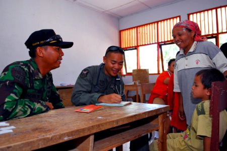 US Navy 091009-N-9123L-142 Indonesian Air Force 1st Lt. Prasetyo Aguswouo translates a patient's medical history for Air Force Capt. Tony Truong, from Los Angeles, Calif., at a free medical clinic in west Sumatra, Indonesia fol