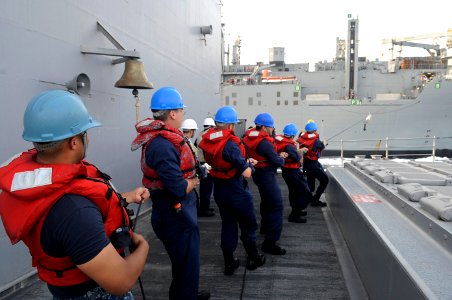 US Navy 091009-N-9500T-126 ailors aboard the guided-missile cruiser USS Anzio (CG 68) hold fast to a phone and distance line during an underway replenishment