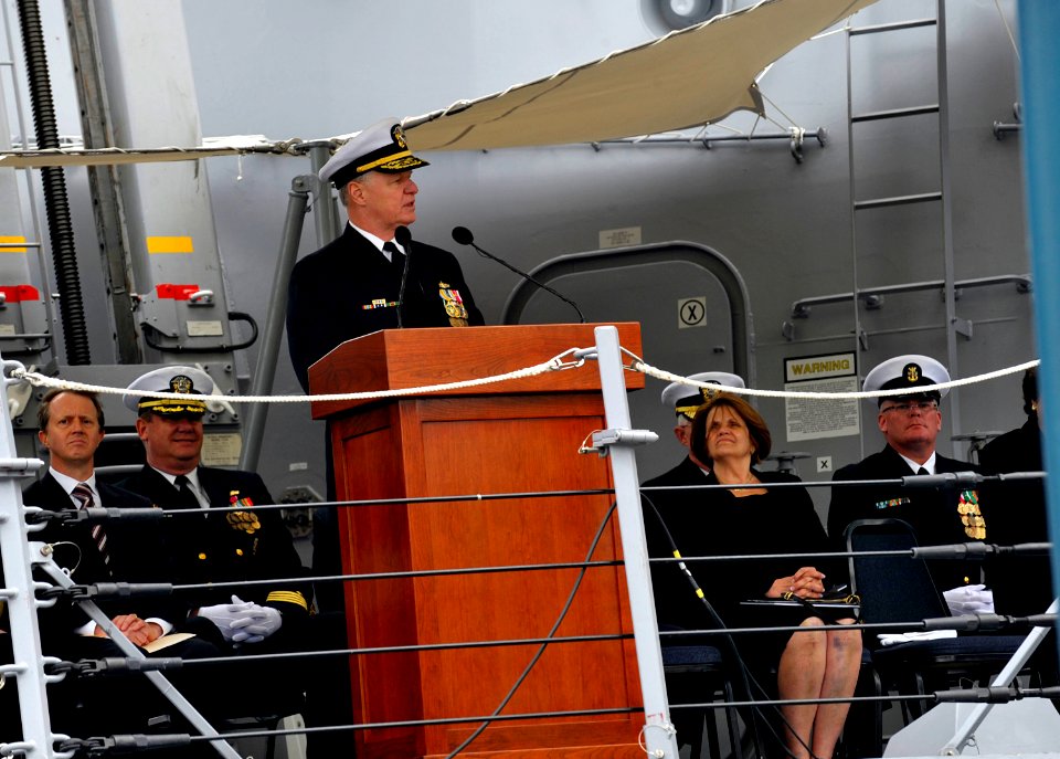 US Navy 091010-N-8273J-109 Chief of Naval Operations (CNO) Adm. Gary Roughead delivers remarks during the commissioning ceremony of the Arleigh Burke class guided-missile destroyer USS Wayne E. Meyer (DDG 108)