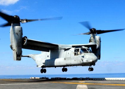 US Navy 091011-N-7508R-005 An MV-22B Osprey assigned to Marine Medium Tiltrotor Squadron (VMM) 263 (Reinforced) from the 22nd Marine Expeditionary Unit (MEU), takes off from the amphibious assault ship USS Bataan (LHD 5) photo