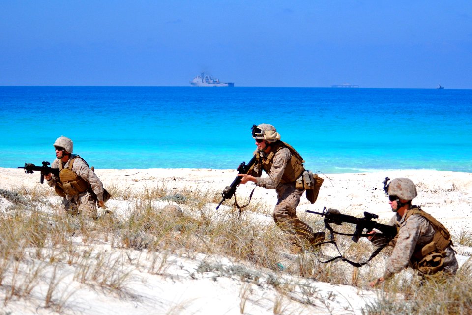 US Navy 091012-N-1512O-195 Marines assigned to the 22nd Marine Expeditionary Unit (22nd MEU) take tactical positions during an amphibious beach assault demonstration for Exercise Bright Star 2009
