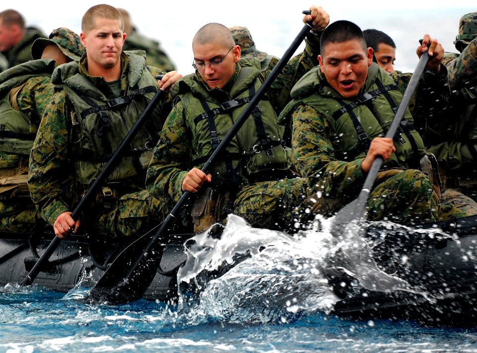 US Navy 091014-N-0807W-208 Marines assigned to the 31st Marine Expeditionary Unit disembark the amphibious dock landing ship USS Harpers Ferry (LSD 49) during a ship-to-shore combat rubber raid craft offload exercise