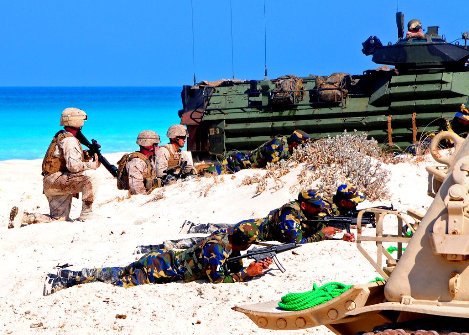 US Navy 091012-N-8132M-245 Marines assigned to the 22nd Marine Expeditionary Unit (22nd MEU), along with Marines from Kuwait and Pakistan, conduct an amphibious assault demonstration during Exercise Bright Star 2009
