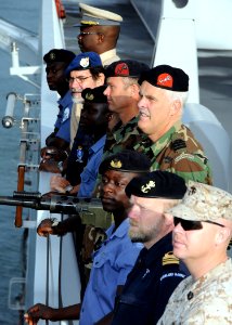 US Navy 091014-N-1429M-013 Sailors and Marines from Ghana, Senegal, the Netherlands and the U.S. man the rails aboard the Royal Dutch navy amphibious ship HNLMS Johan De Witt (L 801) as the ship enters port