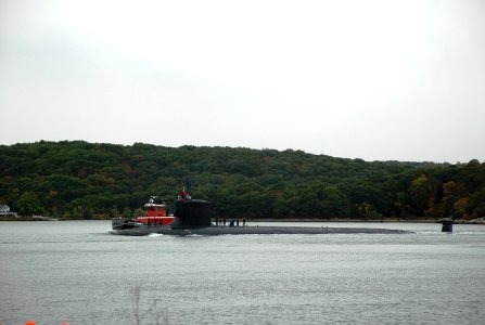 US Navy 091015-N-3090M-457 The attack submarine USS Virginia (SSN 774) departs Naval Submarine Base New London to begin her first scheduled full-length deployment photo