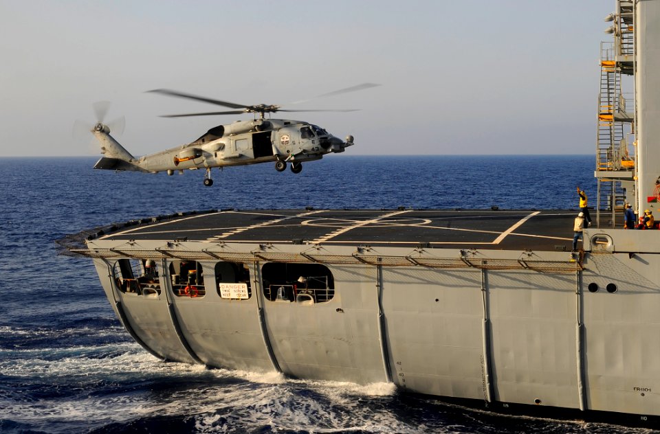 US Navy 091016-N-5345W-027 An SH-60B Sea Hawk helicopter from the Wolfpack of Helicopter Anti-Submarine Squadron Light (HSL) 45 lifts off from the flight deck of the Military Sealift Command fleet replenishment oiler USNS Kanaw
