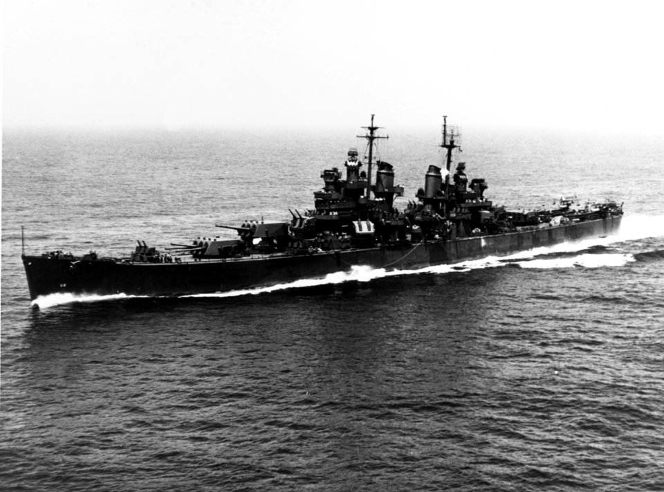 USS Baltimore (CA-68) underway off the coast of Massachusetts on 18 June 1943 (NH 91450)