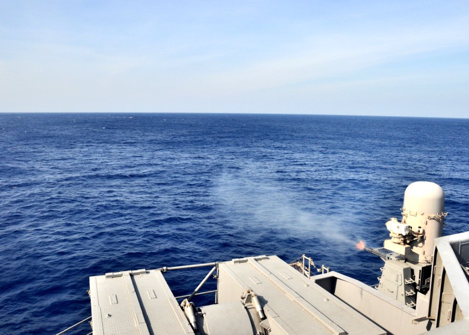 US Navy 091020-N-2013O-110 The Phalanx Close-in Weapons System (CIWS) aboard the aircraft carrier USS George Washington (CVN 73) is fired at a towed target during a live-fire exercise
