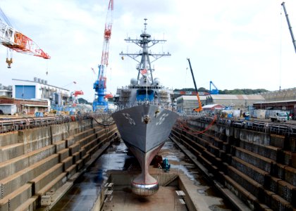 US Navy 091019-N-2638R-002 The guided-missile destroyer USS John S. McCain (DDG 56) is in dry dock at Fleet Activities Yokosuka during a scheduled dry-dock selective restricted availability