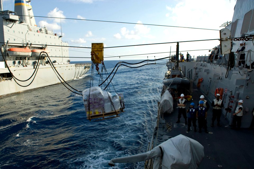 US Navy 091017-N-9123L-069 The Military Sealift Command fleet replenishment oiler USNS Pecos (T-AO-197) sends stores to the guided-missile destroyer USS McCampbell (DDG 85)